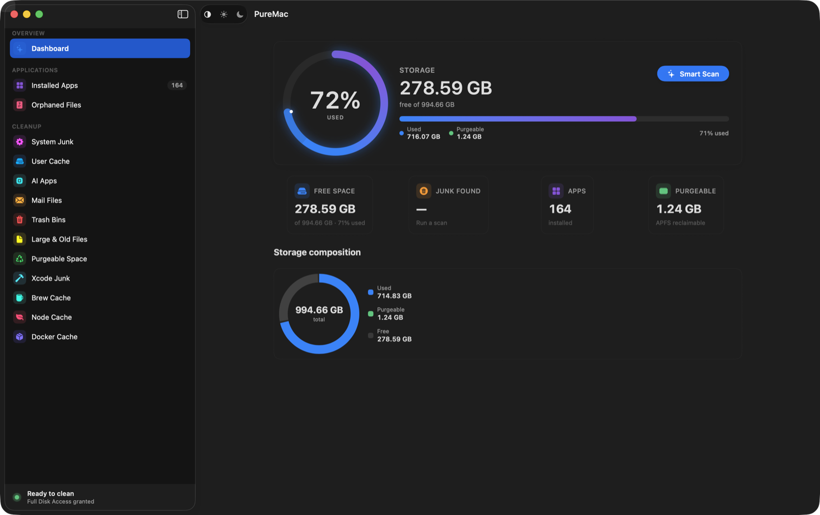 PureMac dashboard — storage health ring, disk composition donut, and one-click Smart Scan on macOS