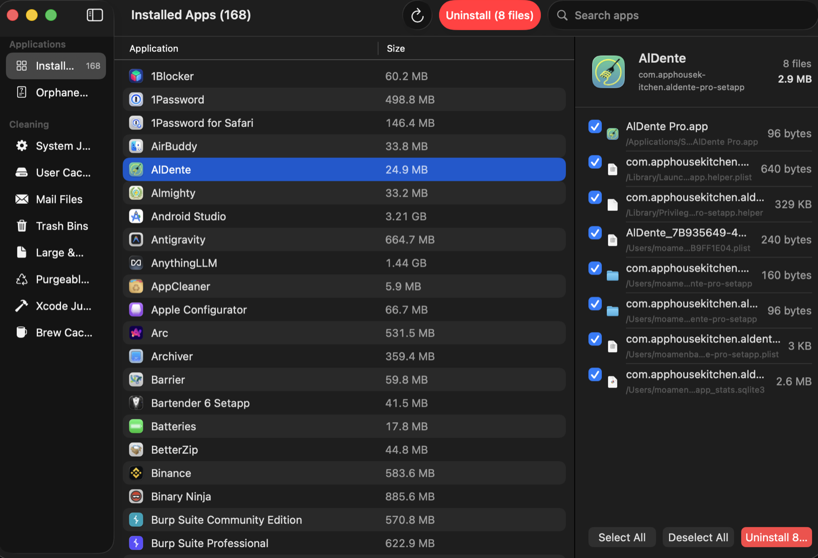 PureMac app uninstaller — leftover files grouped into caches, preferences, containers, and logs