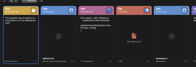 Pesty clipboard manager demo on macOS — color-coded clipboard strip with keyboard navigation